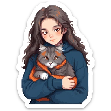 Brunette girl with dark blue sweatshirt snuggling a fluffy grey Siberian cat sticker