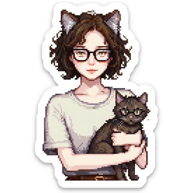 Cat-lady with dark brown hair, square glasses, hazel eyes, and pale skin sticker