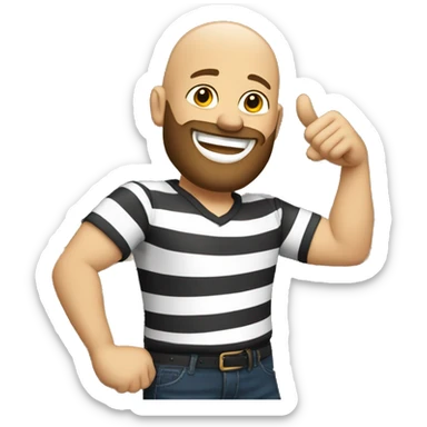 Bald, bearded man, smiling, striped shirt l, black pants, leaning on a bar, giving thumbs up sticker