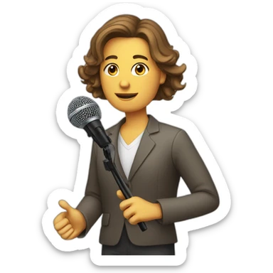 white journalist standing confidently while holding a microphone. The journalist should be in professional attire sticker