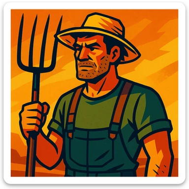 vibrant toon style illustration of a rugged middle-aged farmer, sun-bleached face, black hair, strong jaw, stubble, green trousers, suspenders, green T-shirt, straw hat, holding pitchfork, dramatic warm golden-brown background, bold lines, mix of warm and cool lighting, rustic rural America vibe sticker