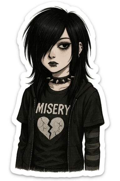 emo girl with black hair and side bangs, no background sticker