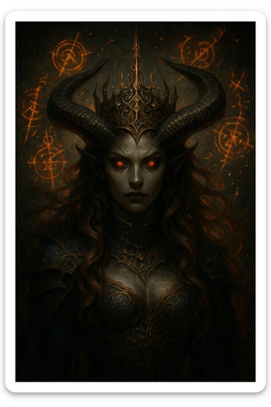demon queen with horns and brown hair, ornate crown, mystical aura, fantasy style sticker