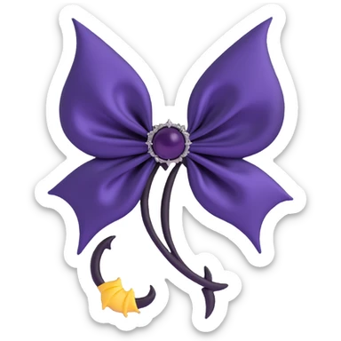 gothic bow, midnight purple silk, silver bat brooch, black feather accents, mysterious and lush sticker