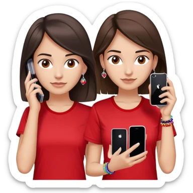 brunette girl with wavier medium length hair, brown eyes, light/medium skin tone, holding two phones - one iPhone and one plain black phone without Apple logo, wearing red Adidas t-shirt, simple silver hoop earrings, and a colorful beaded charm necklace sticker