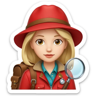 Explorer woman with red jacket backpack and magnifying glass sticker