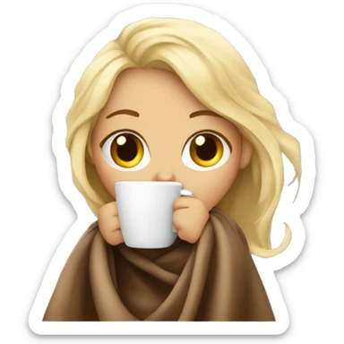 Blonde girl wrapped in big blanket drinking coffee sticker