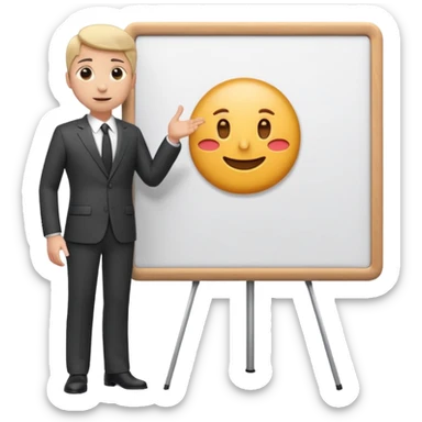 A clean emoji-style illustration of a person giving a presentation, standing next to a large presentation board on a stand, board is white and there is nothing on it, the board is oversized and clearly visible, no podium, no desk, no table, friendly proportions, soft 3D emoji style sticker