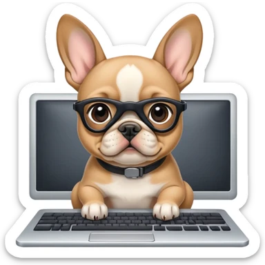 Fawn Frenchie with black muzzle working behind computer sticker