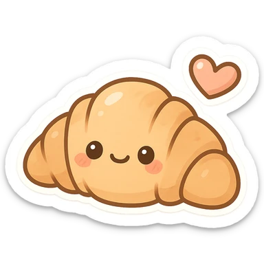 chibi sticker-style croissant with a heart accent, cute and exaggerated sticker