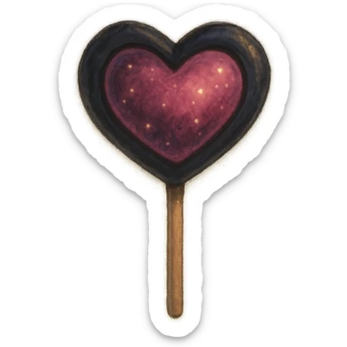 heart-shaped lollipop in black and pink, soft painterly look, magical atmosphere sticker