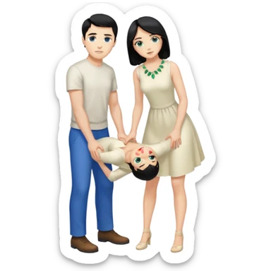 King, man, standing, black Hair, blue eyes, whole body, Woman, bending knees, blonde, green eyes, White Dress, sticker