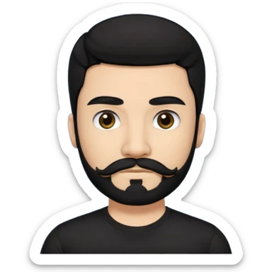 Man, hispanic skin, black hair, black beard, black mustache black eyes black t shirt, small nose, long emo hair sticker