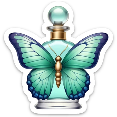 A delicate butterfly with pastel green and blue wings resting on a vintage glass perfume bottle with golden details. sticker