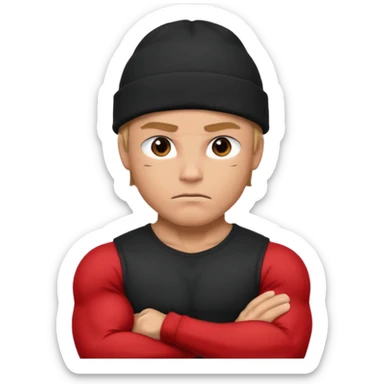 Muscular hero in black beanie, serious expression, folded arms.



































 sticker