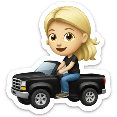 Blonde kid driving a black pickup truck sticker