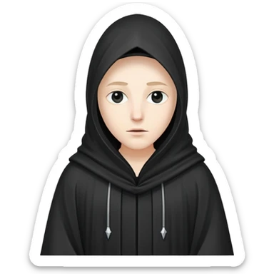 A person wearing a long white or black robe with a tall, pointed hood that fully covers the head and face, except for small eye hol sticker
