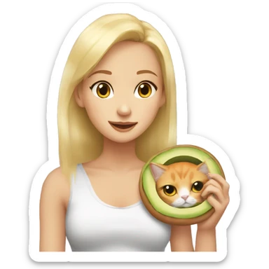Blonde girl with grey eyes eating an avocado bagel with her orange-white cat on her sholder sticker