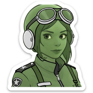 woman sitting in airplane wearing pilot outfit holding a cat emoji sticker