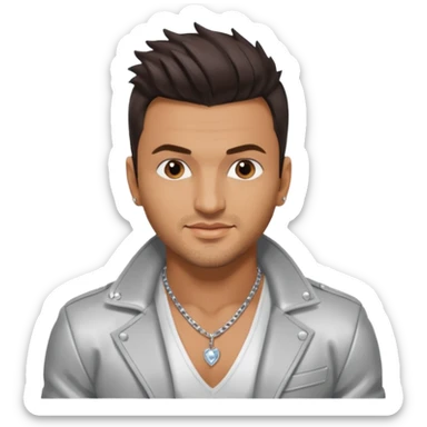 Peter Andre with dark brown hair, shirtless with necklace, silver jacket sticker