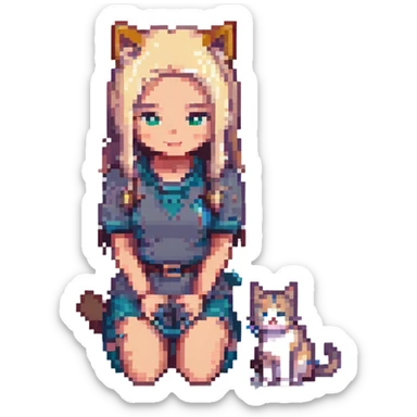 Replace the girl with the one in the reference image, keeping the pose: girl kneeling beside a gray and blonde mixed cat, pixel art style, with no background. sticker