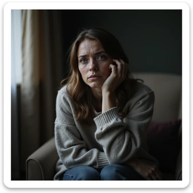 woman seated with exhausted expression, head resting on one hand, marked dark circles, pale skin, realistic environment, hyperrealistic 4K details, vertical 9:16 format sticker