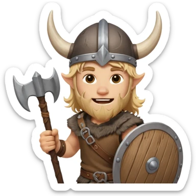 A young Viking warrior with messy hair, wooden shield, and fierce excited grin with horned helmet sticker