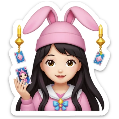 pixel art chibi gear asian girl with dark long hair in pink bunny ears hat magical girl with kawaii tarot cards thrown in air pixel emoji sticker