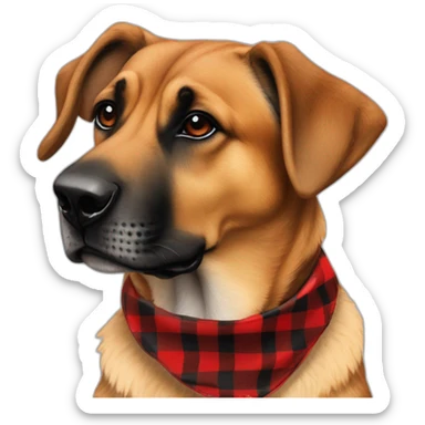 75% Coonhound 25% German Shepherd mix dog wearing small pointed red buffalo plaid bandana side view full body facing left sticker