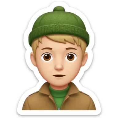 young man with pixie cut, green wool hat, tan jacket and pork chop sideburns sticker