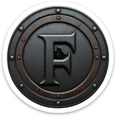 Minimal emoji, gothic metal coin made of black steel, engraved number f at the center, ancient industrial aesthetic, worn metal texture, no glow, no neon, flat emoji design, centered, transparent background sticker