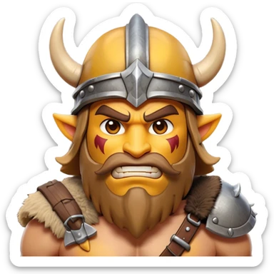 Clash of Clans aesthetic friendly Barbarian Portrait Emoji, Poised and bold with a rugged yet cartoonish build in tattered furs and a horned helmet, his face rendered in a natural skin tone (not yellow), expressive bright eyes and a confident smirk, Simplified yet dynamic features, highly detailed, glowing with a vivid, adventurous aura, high shine, heroic and spirited, stylized with an air of medieval warrior charm, focused and energetic, soft glowing outline, capturing the essence of a fearless barbarian adventurer ready to lead his clan with spirited valor! sticker