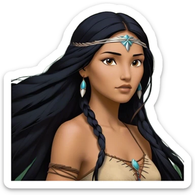 Cinematic Realistic Pocahontas Portrait, depicted with lifelike skin texture, soft natural lighting, and intricately detailed long, flowing raven-black hair that moves gracefully in the wind. Her deep, soulful dark brown eyes exude wisdom and strength, complemented by a serene yet powerful expression. She is shown gently holding a feather in one hand, her other hand resting lightly at her side, embodying the harmonious balance between nature and herself. She is dressed in her classic one-shoulder native American dress, with rich fabric textures and delicate beaded details that catch the light beautifully. The portrait features a soft, sun-kissed glow with a natural, radiant finish, capturing the essence of untamed beauty and deep connection to nature in a realistic and painterly style, evoking a sense of depth and authenticity. sticker