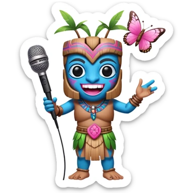Cartoon Blue and pink tiki dancing with butterfly and mikrophone sticker