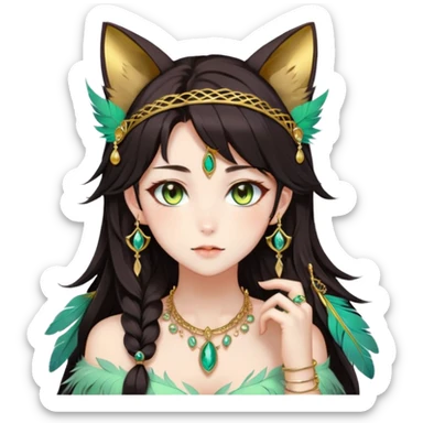 Beautiful gorgeous anime lady with beautiful dark-brown-special-hair, fashion aesthetic, ethereal, feather, accessories, gold jewelries, gold, colorful, feline ears, hazel-green eyes sticker