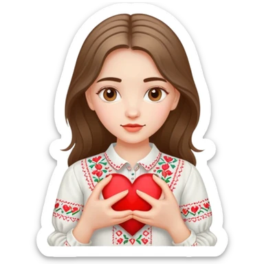 Beautiful young girl in a white Ukrainian embroidered shirt holds a large embroidered heart in her hands sticker
