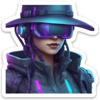 Secret human agent in a hat with  cyberpunk elements in VR googles scanning looking reviewing multicolor lines of code, cyan and purple colors, only upper body portrait sticker