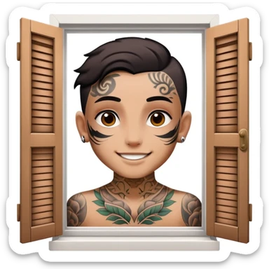 person with face tattoo looking out of window open shattershappy sticker