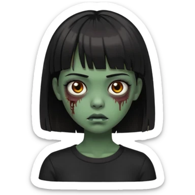 Zombie girl emoji verde escuro com cabelo curto liso preto no ombro e franja na altura da sobrancelha cobrindo completamente a testa, com uma blusa preta, olhos castanhos escuros sticker