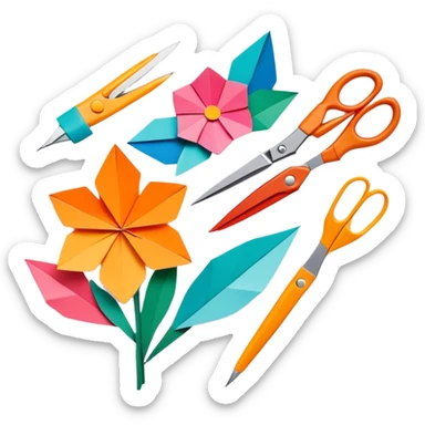 Paper crafting icon, various paper crafts like origami, paper flowers, and scrapbooking materials, visible tools such as scissors, glue stick, and paper sheets, colorful paper patterns, minimalistic style, clean lines, transparent background. sticker