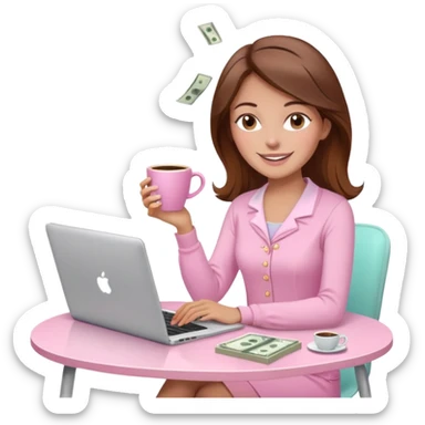 woman character with laptop and coffee relax table, dollars are floating, colorful pastel pink outfit, white laptop, brownn hair, fair skin,  sticker
