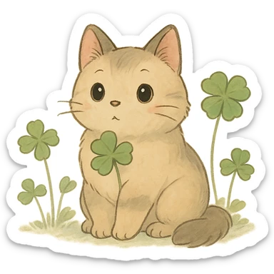 ghibli style cat with clover leaves, soft colors sticker