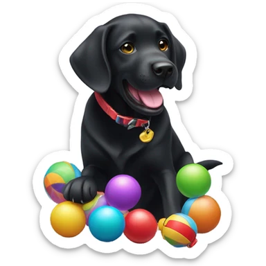 A black labrador with a toy sticker