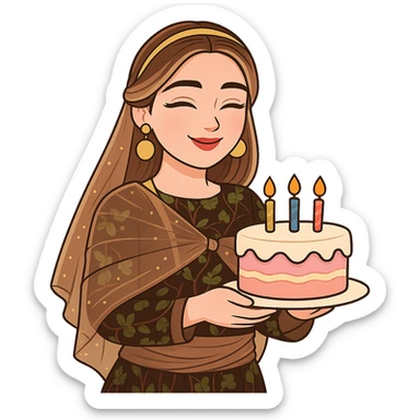 Kurdish cartoon sticker of the same woman in the new dress, celebrating a birthday, holding a cake with candles, happy face, no text, transparent background sticker