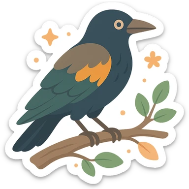 A mysterious crow perched on a branch, surrounded by a soft, magical atmosphere. The crow’s feathers are deep, dark hues with hints of golden orange (FA9B41), forest green (4A7C5C), muted taupe brown (96775A), and pastel peach (FFCC9A) subtly blending into its plumage. The branch is weathered and textured, with small leaves in green and peach tones, and delicate flowers or tiny sparks floating around. The lighting is soft and ambient, casting a warm, mystical glow over the scene, creating a quiet yet enchanting atmosphere. The crow’s sharp eyes and poised posture add to the mysterious, slightly gothic vibe of the moment sticker