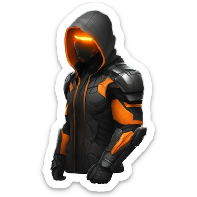 Side view developer behind his laptop with this style : crysis Cyberpunk Valorant orange glowing bright orange character orange black hooded assassin themed character sticker