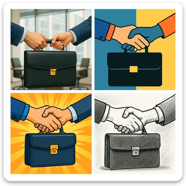 Two hands exchanging a briefcase, symbolizing the completion of a business agreement, in four distinct visual interpretations. sticker