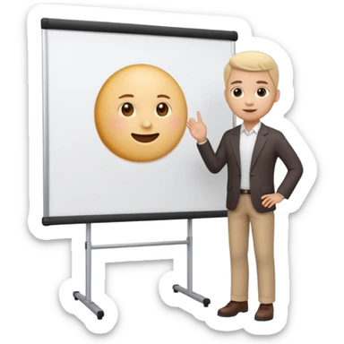 A clean emoji-style illustration of a person giving a presentation, standing next to a large presentation board on a stand, the board is oversized and clearly visible, no podium, no desk, no table, friendly proportions, soft 3D emoji style sticker