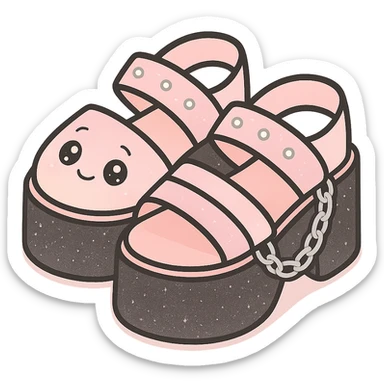 Add a subtle glitter effect to the black-to-pastel pink gradient platform sandals with silver studs and chains, kawaii style, no socks, no hearts, transparent background sticker