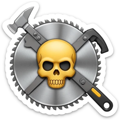cartoon skull with crossbones and a circular saw blade, emoji style sticker
